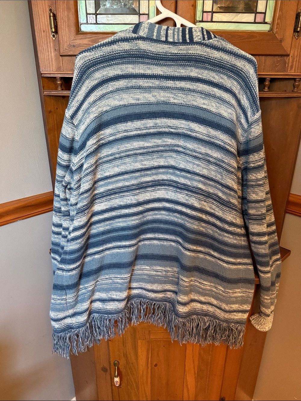 Lauren Ralph Lauren Striped Fringe Linen-Cotton Open Cardigan Sweater - Large